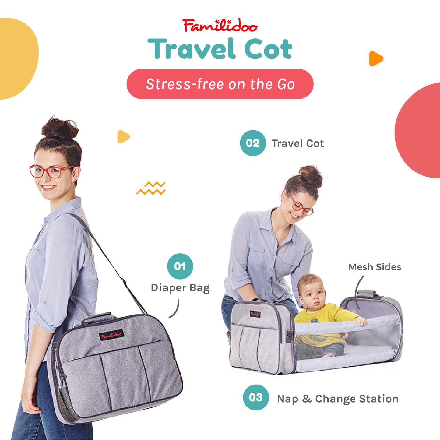 Travel Cot 2in1 Diaper Bag grey color